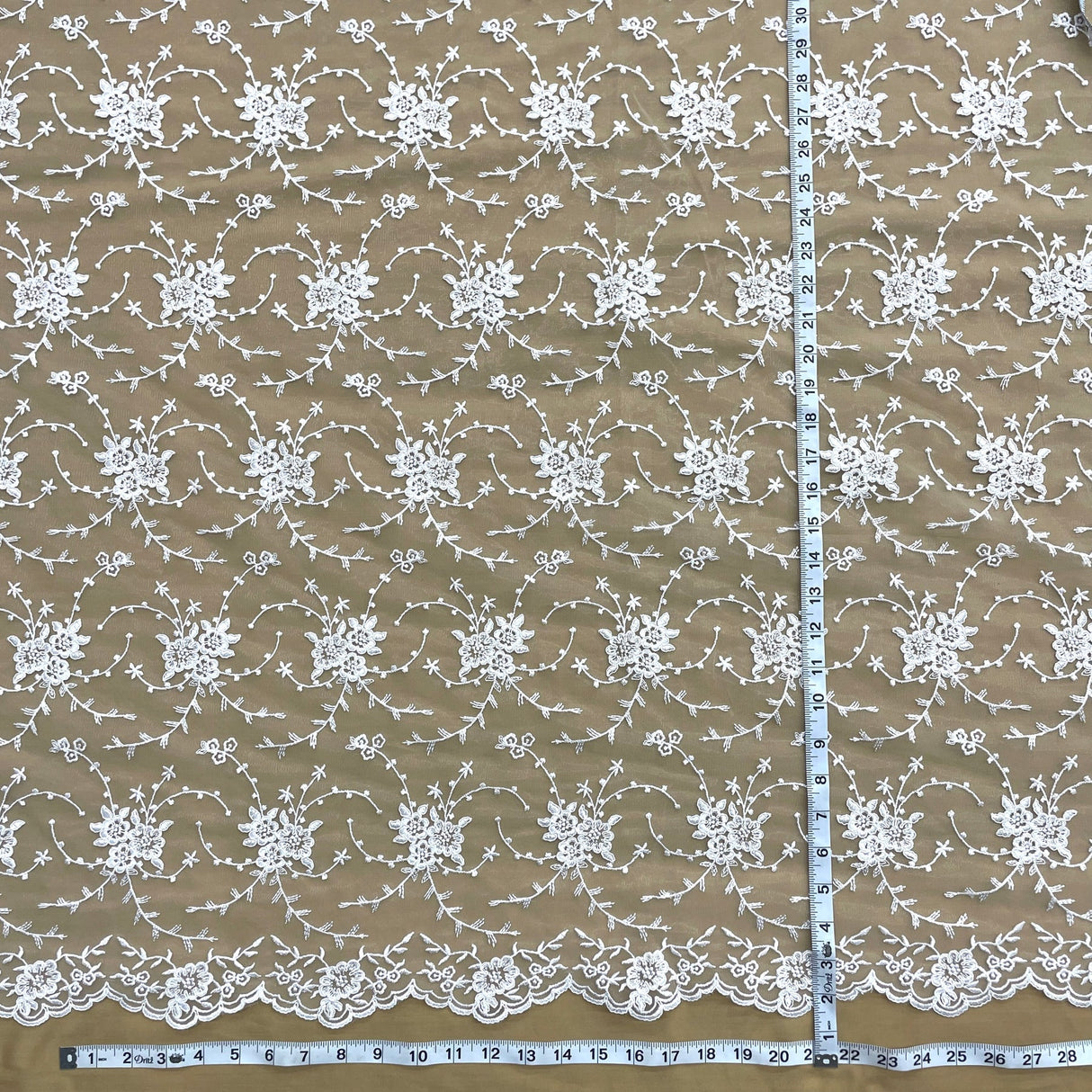 1 Yard Corded Bridal Lace Fabric Embroidered on 100 Percent Polyester Net Mesh White 52 inch Width