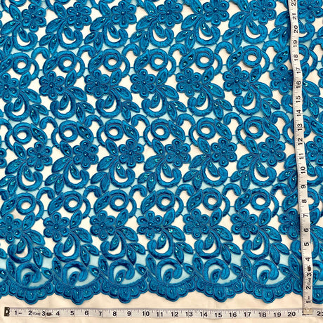 1 Yard Royal Beaded Corded Bridal Lace Fabric Embroidered on Premium Polyester Mesh 52