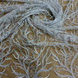 1 Yard Silver Beaded Lace Fabric Embroidered With Fuzzy Thread on 100% Polyester Net Mesh 54 Inch Width