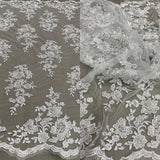 1 Yard Elegant Beaded Corded Bridal Lace Fabric Embroidered on Premium Mesh 51