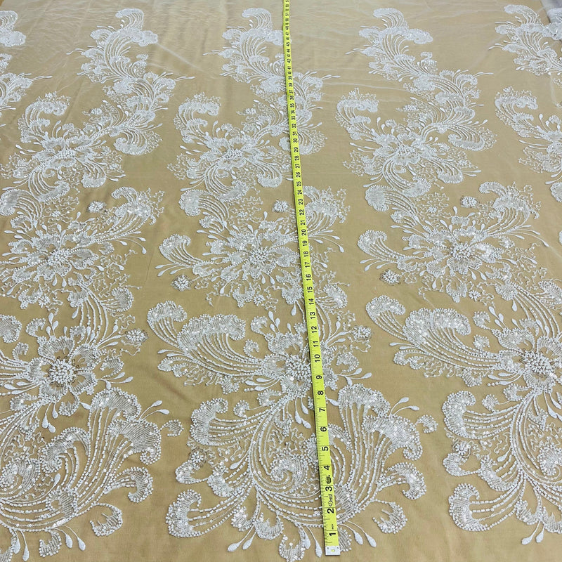 1 Yard Beaded Lace Fabric Embroidered on Polyester Net Mesh, 52" Width, Premium Lace Fabrication