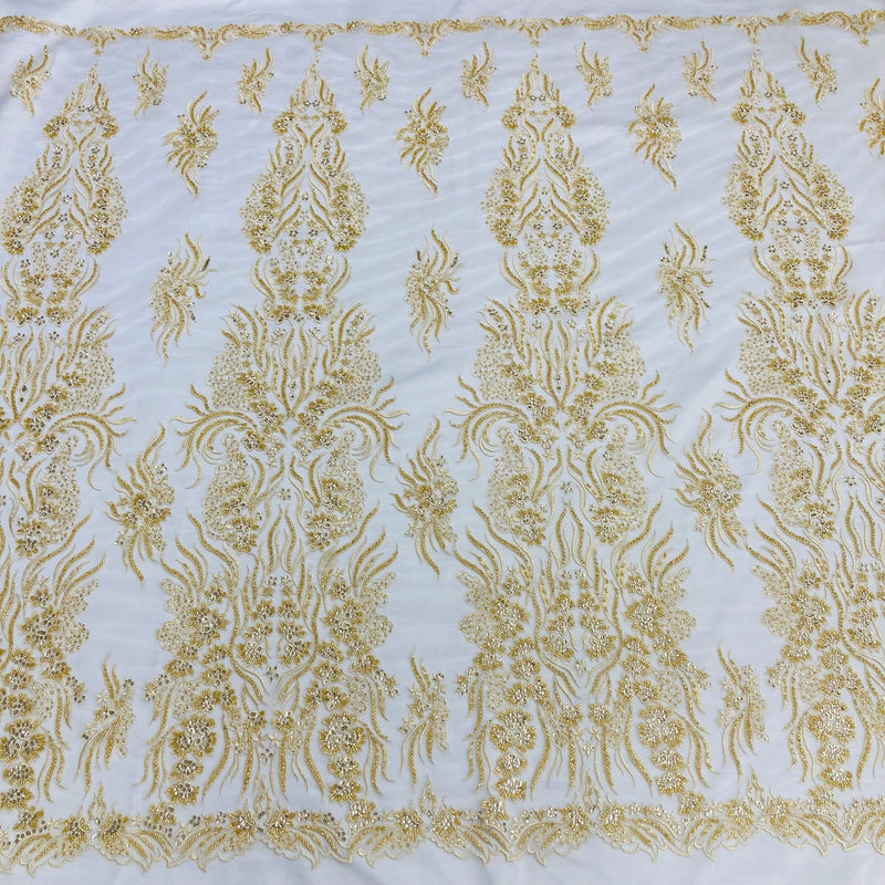 1 Yard Gold Beaded Lace Fabric Embroidered on Polyester Net Mesh 52 Inch Width