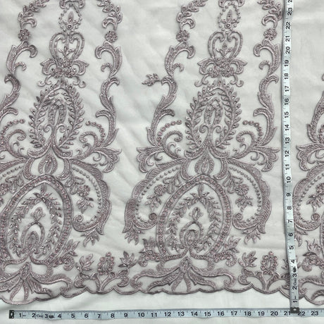 1 Yard Luxurious Beaded and Corded Bridal Lace Fabric Embroidered on Polyester Net Mesh Blush 52" Width