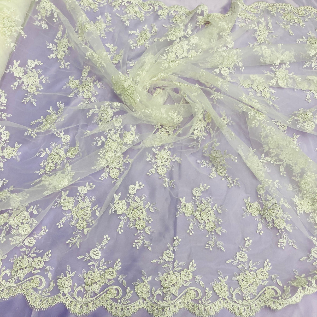 1 Yard Fuchsia Corded Bridal Lace Fabric Embroidered on Polyester Net Mesh 56 Inch Width