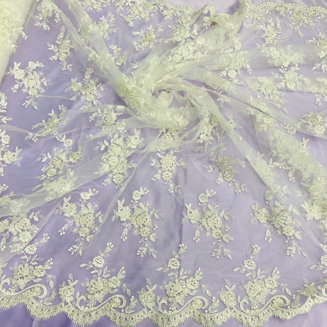 1 Yard Fuchsia Corded Bridal Lace Fabric Embroidered on Polyester Net Mesh 56 Inch Width