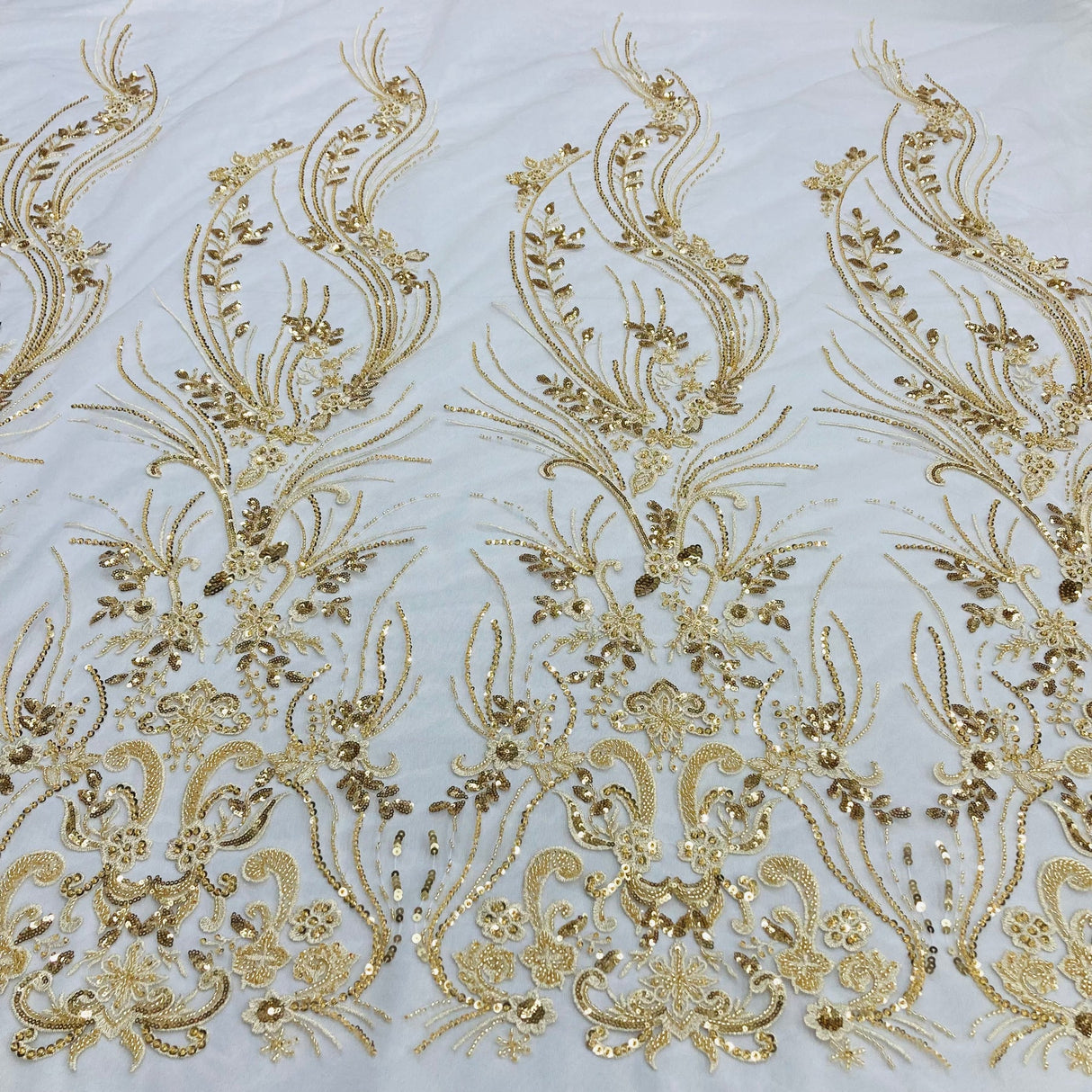 1 Yard Gold Beaded Lace Fabric on Polyester Net Mesh, Embroidered Lace Fabric, 54" Width