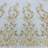1 Yard Gold Beaded Lace Fabric on Polyester Net Mesh, Embroidered Lace Fabric, 54" Width