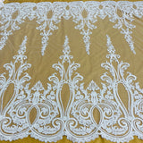 1 Yard Beaded Corded Bridal Lace Fabric Embroidered on Polyester Net Mesh Width 54 Inches