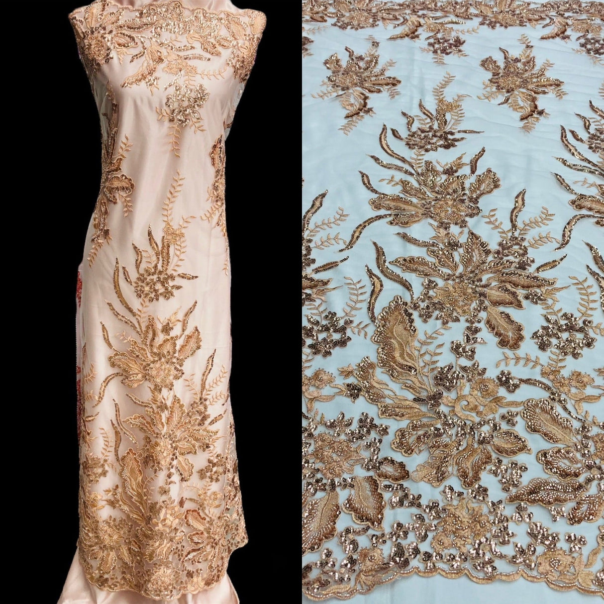 Beaded Lace Fabric Embroidered on Polyester Net Mesh 50" Wide Bridal & Evening Fabric, Lace USA