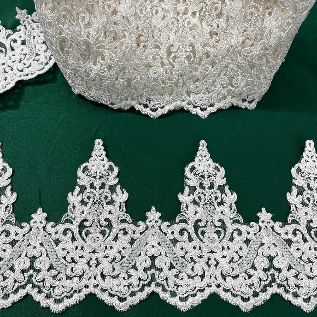 1 Yard Embroidered on 100% Polyester Organza 6? Wide Beaded & Corded Lace Trimming