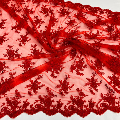 1 Yard Fuchsia Corded Bridal Lace Fabric Embroidered on Polyester Net Mesh 56 Inch Width