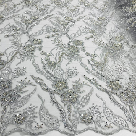 1 Yard Beaded Lace Fabric Embroidered on 100% Polyester Net Mesh 50" Width