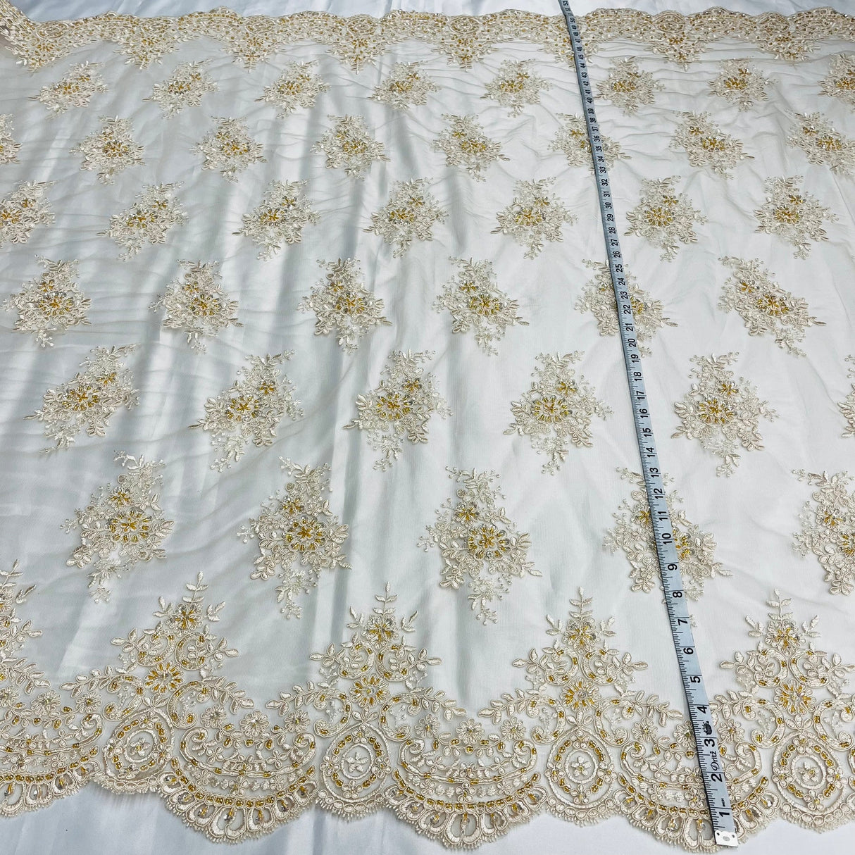 1 Yard Glamorous Beaded Corded Lace Fabric Embroidered on Premium Polyester Mesh 56