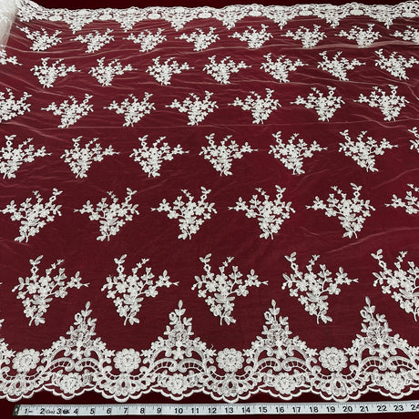 1 Yard Luxurious Beaded Corded Bridal Lace Fabric Embroidered on Premium Mesh 56