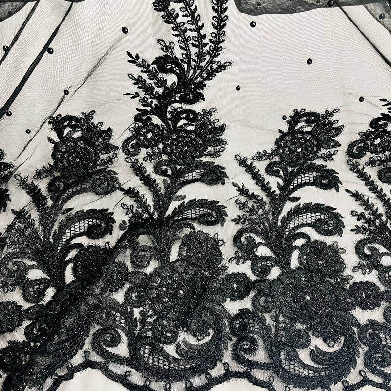 1 Yard Black Beaded Corded Lace Fabric for Couture Bridal Gowns Dance Dresses 56" Width