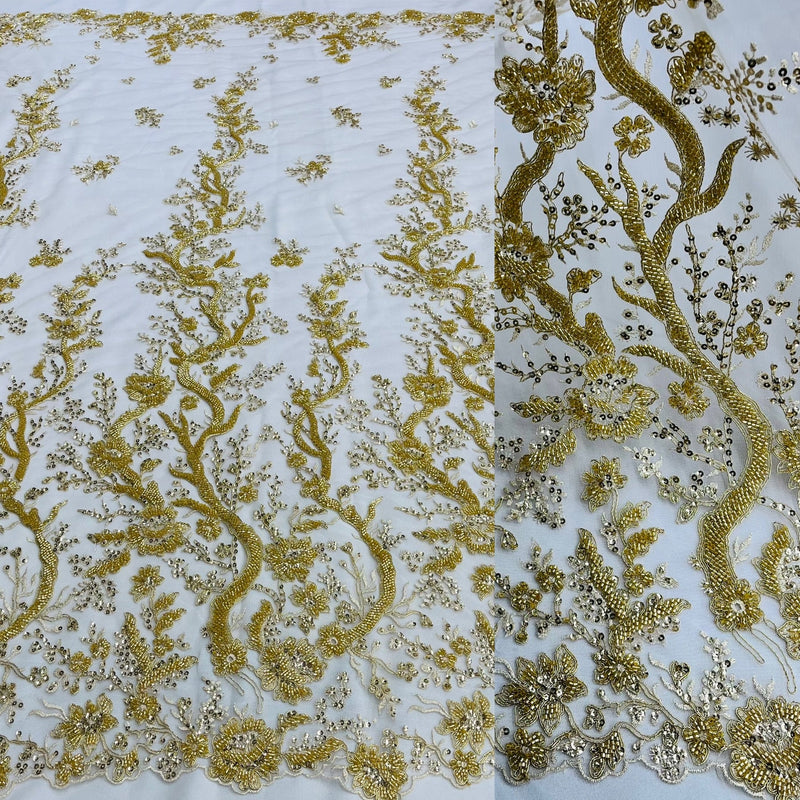 1 Yard Silver Beaded Corded Bridal Lace Fabric Embroidered on Polyester Net Mesh 56 Inch Width