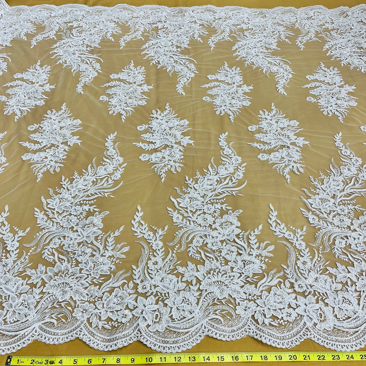 1 Yard Elegant Beaded Corded Bridal Lace Fabric Embroidered on Premium Mesh 56