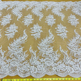 1 Yard Elegant Beaded Corded Bridal Lace Fabric Embroidered on Premium Mesh 56