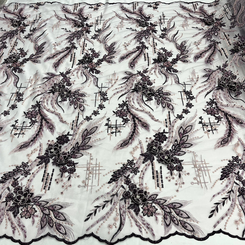 1 Yard Beaded Rhinestone 3D Floral Lace Fabric for Bridal Gowns Costumes Dresses 50" Width