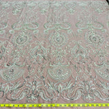 1 Yard Antique Silver Beaded Lace Fabric Embroidered on Polyester Net Mesh Pearls Detail 51 Inch Width
