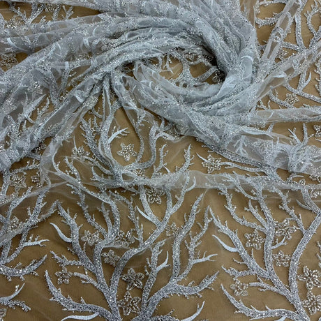 1 Yard Beaded Lace Fabric with Fuzzy Thread Embroidery on Polyester Net Mesh, 54" Wide Bridal & Evening Fabric