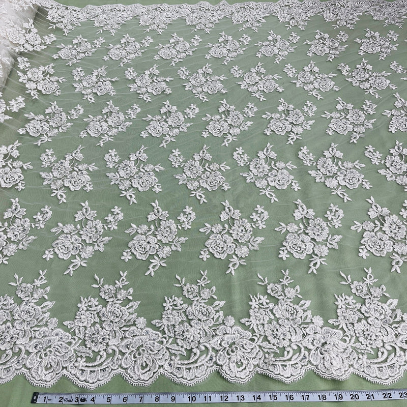 1 Yard Exquisite Ivory Silver Beaded Corded Bridal Lace Fabric on Net Mesh 51 inch Width