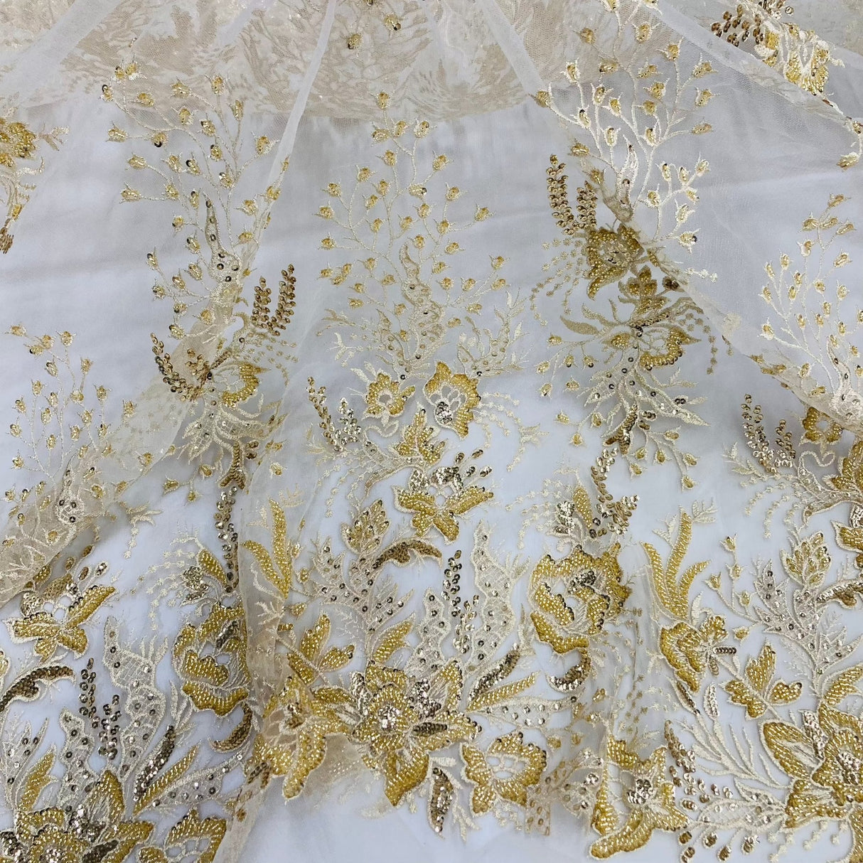 1 Yard Beaded Lace Fabric Embroidered on Polyester Net Mesh, Gold, 52" Width, Premium Lace Fabric for Dresses & Crafts