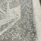 1 Yard Ivory Silver Beaded 3D Floral Lace Fabric, Embroidered Polyester Mesh, 54" Wide