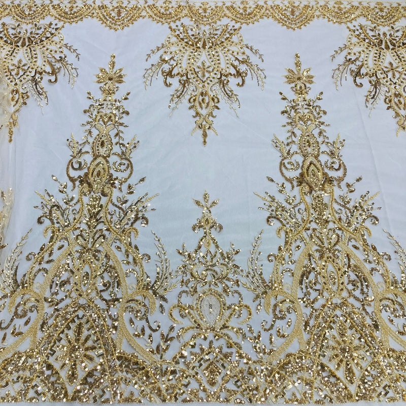 1 Yard Gold Beaded Lace Fabric Embroidered on 100 Percent Polyester Net Mesh 52 Inch Width