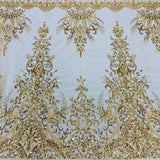 1 Yard Gold Beaded Lace Fabric Embroidered on 100 Percent Polyester Net Mesh 52 Inch Width