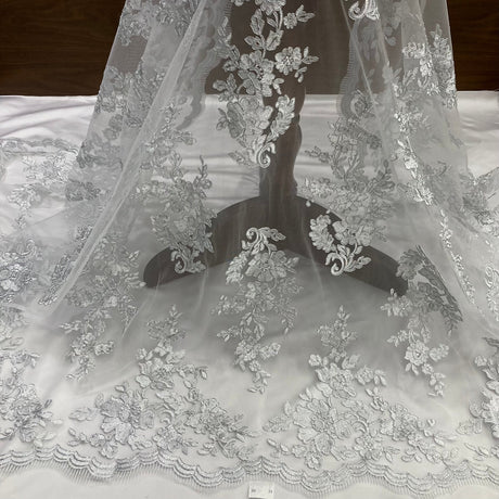 1 Yard Corded Bridal Lace Fabric Embroidered on 100% Polyester Net Mesh 54" Width