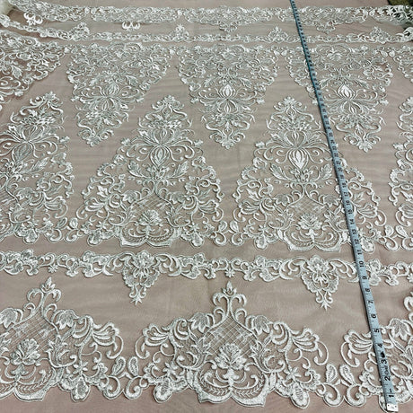 1 Yard Luxurious Gold Corded Bridal Lace Fabric Embroidered on Net Mesh 53 inch Width