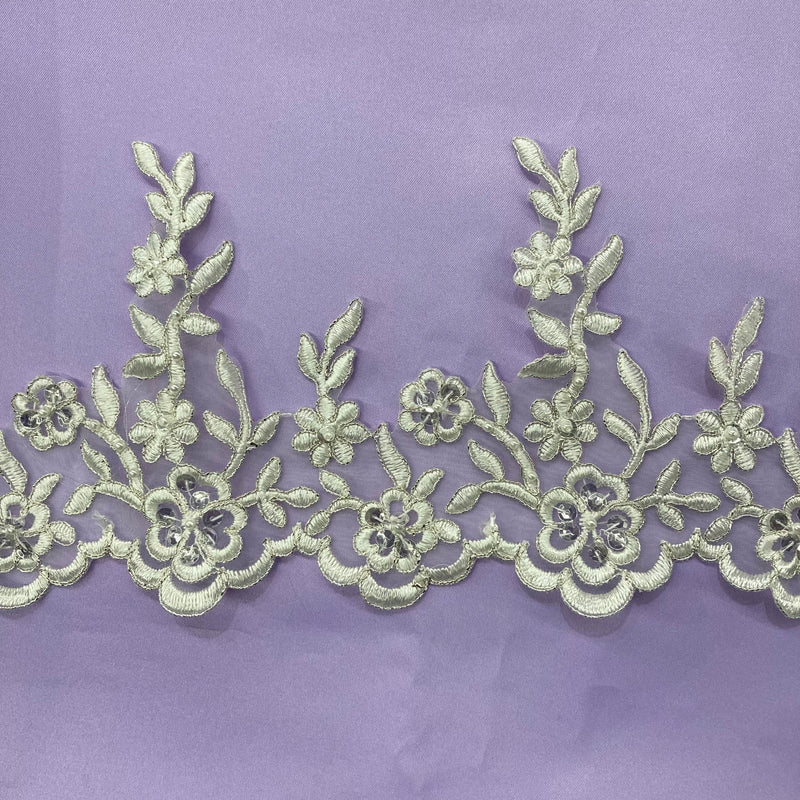 1 Yard Beaded & Corded Embroidered Lace Trim 5.5" Wide 100% Polyester Mesh Net for Bridal & Special Occasion