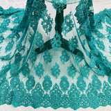 1 Yard Red Beaded Corded Lace Fabric Embroidered on Polyester Net Mesh 54 inch Width