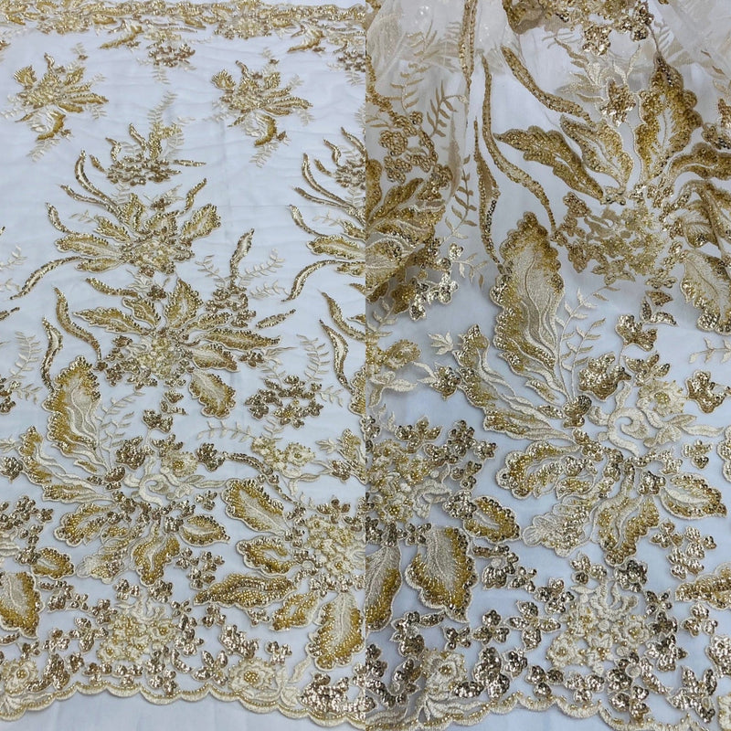 1 Yard Silver Beaded Lace Fabric Embroidered on 100% Polyester Net Mesh 50 Inch Width