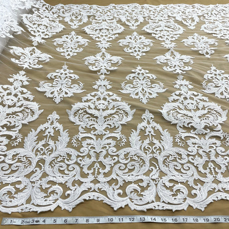 1 Yard Elegant Corded Bridal Lace Fabric Embroidered on Premium Polyester Mesh 54