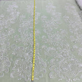 1 Yard Antique Silver Beaded Lace Fabric Embroidered on Polyester Net Mesh Elegant Design 52 Inch Width