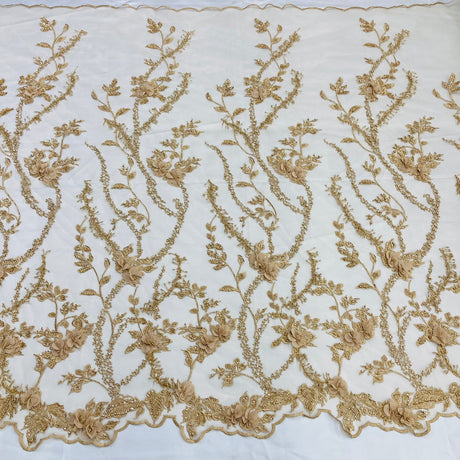 1 Yard Blush Beaded 3D Floral Lace Fabric Embroidered on Polyester Net Mesh 48 inch Width