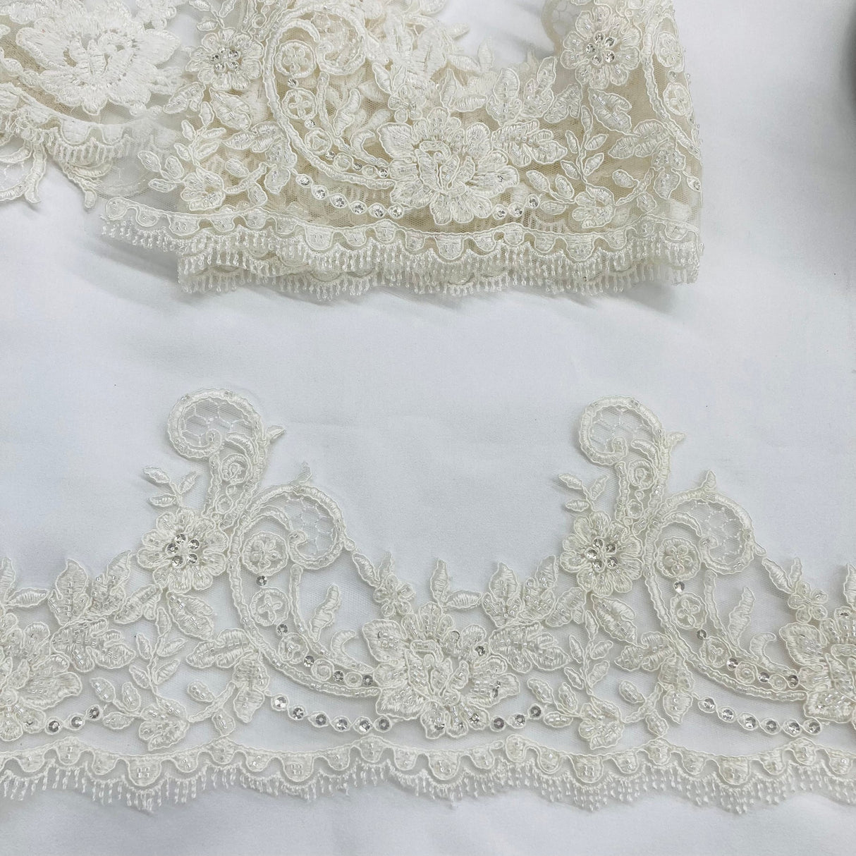 1 Yard Beaded & Corded Lace Trimming 100% Polyester Net Mesh 6" Wide