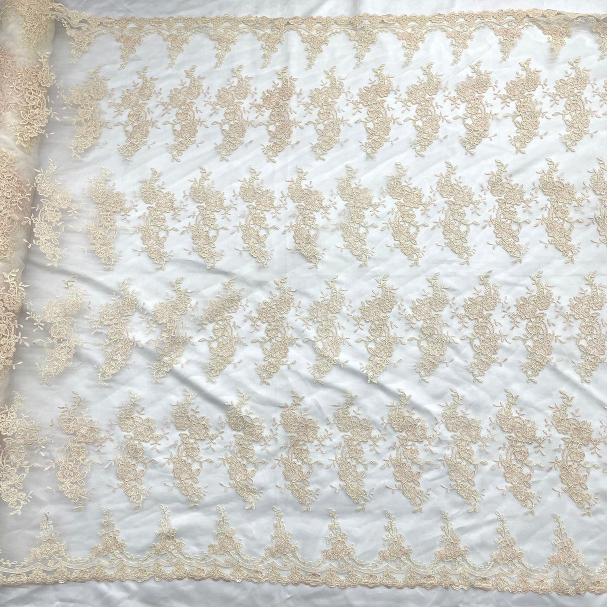 1 Yard Peach Corded Bridal Lace Fabric Embroidered Polyester Net Mesh 54 Inch Width