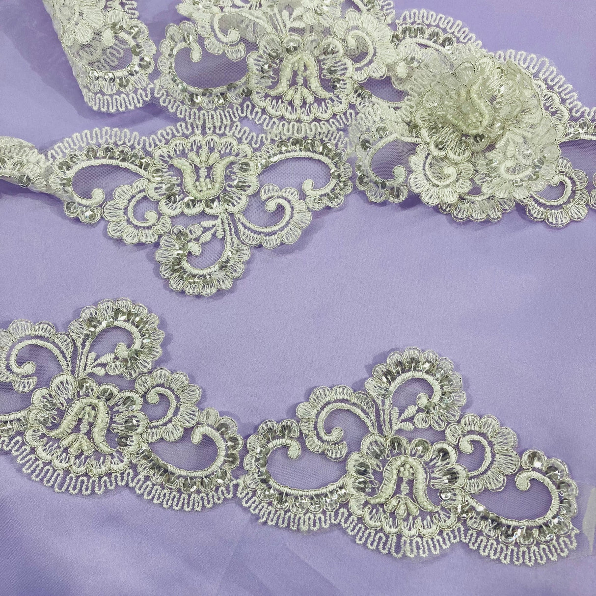 1 Yard Embroidered on 100% Polyester Net Mesh 4? Wide Beaded & Corded Lace Trimming