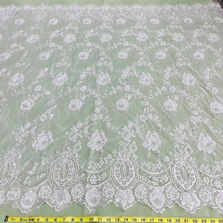 3 Yards Precut Beaded & Corded Chantilly Floral Lace Fabric Embroidered on Polyester Net Mesh 58" Wide