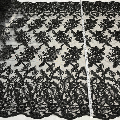 1 Yard Beaded and Corded Bridal Lace Fabric Embroidered on Soft Polyester Net Mesh 50" Width