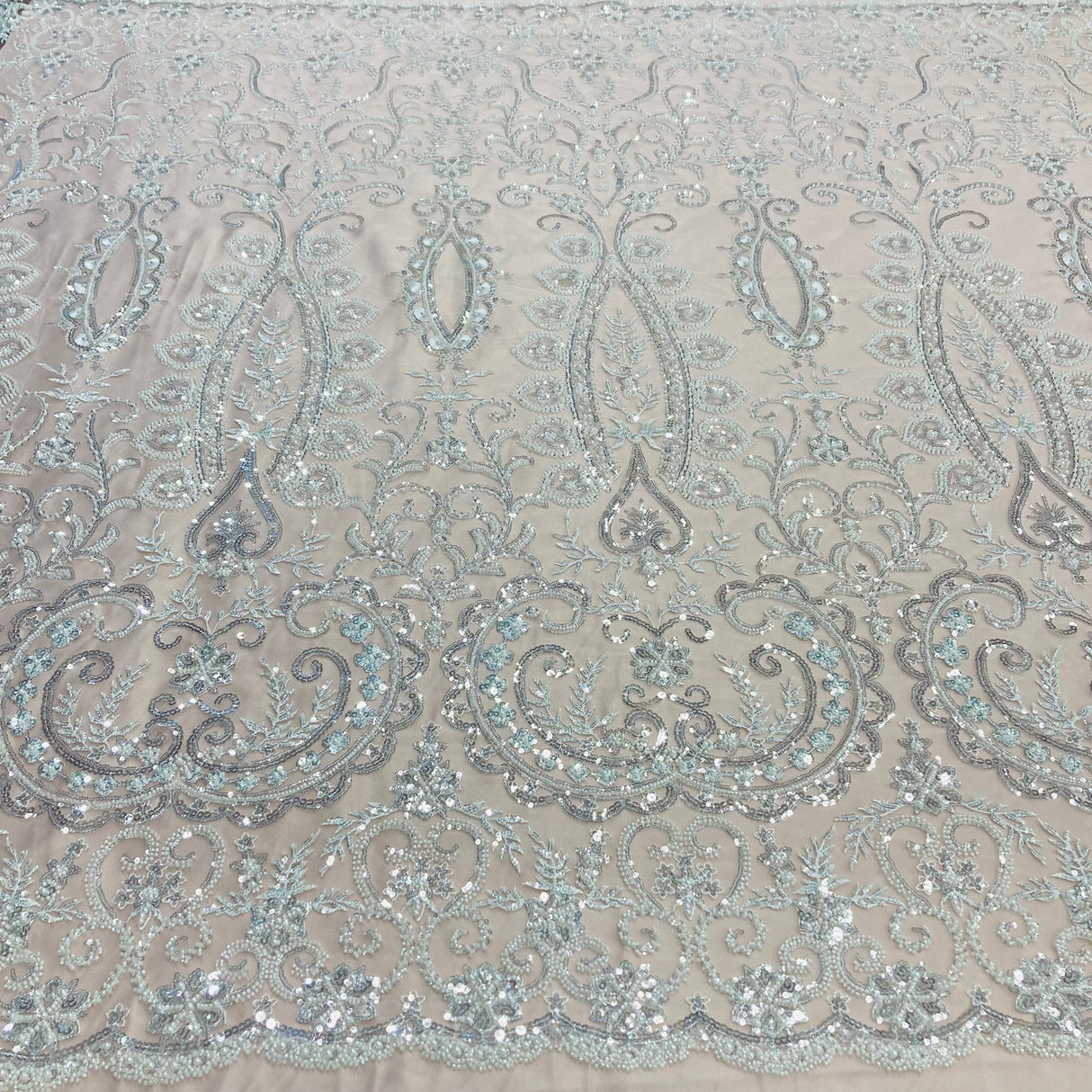 1 Yard Silver Beaded Lace Fabric Embroidered on 100% Polyester Net Mesh 52 Inch Width