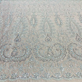 1 Yard Silver Beaded Lace Fabric Embroidered on 100% Polyester Net Mesh 52 Inch Width