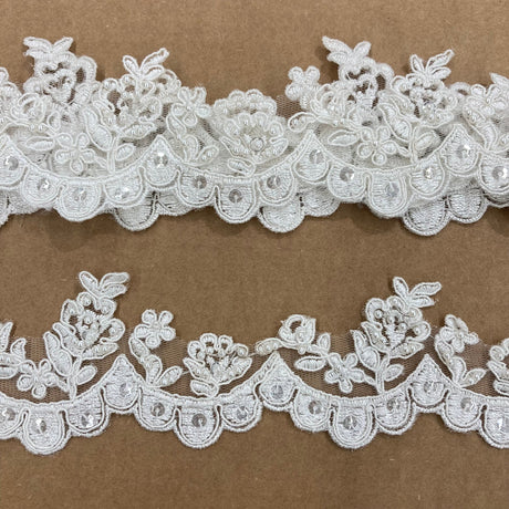 1 Yard Delicate Beaded and Corded Floral Lace Trim Embroidered on Soft Polyester Mesh for Dresses 2 Inch Width