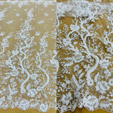 1 Yard Beaded Corded Bridal Lace Fabric, Embroidered Polyester Net Mesh, 51" Width, White