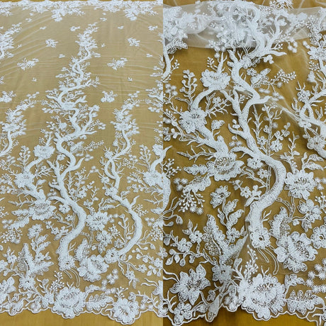 1 Yard Beaded Corded Bridal Lace Fabric, Embroidered Polyester Net Mesh, 51" Width, White