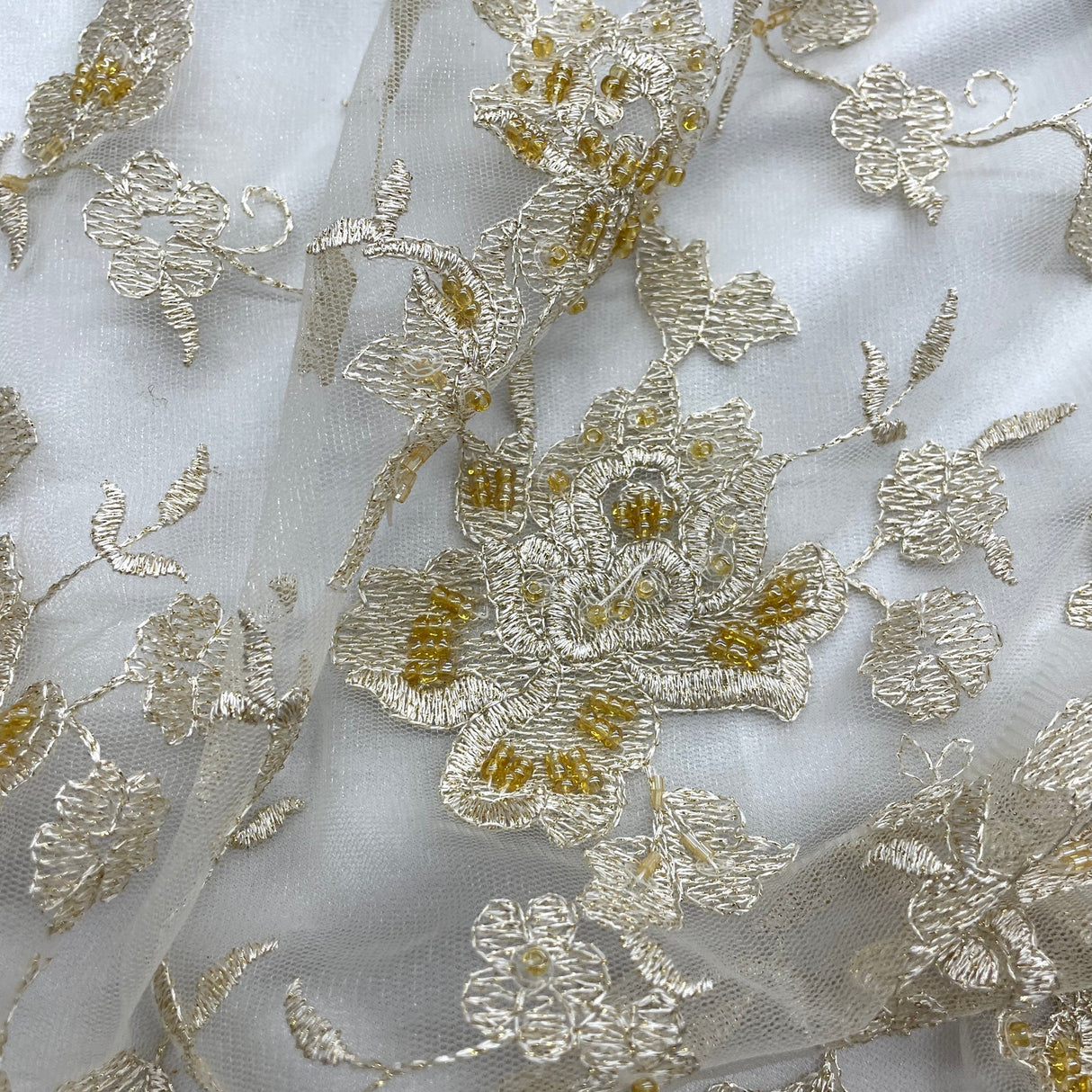 1 Yard Champagne with Gold Beaded Lace Fabric Embroidered Pearl Sequin Mesh Bridal Gown 54" Width