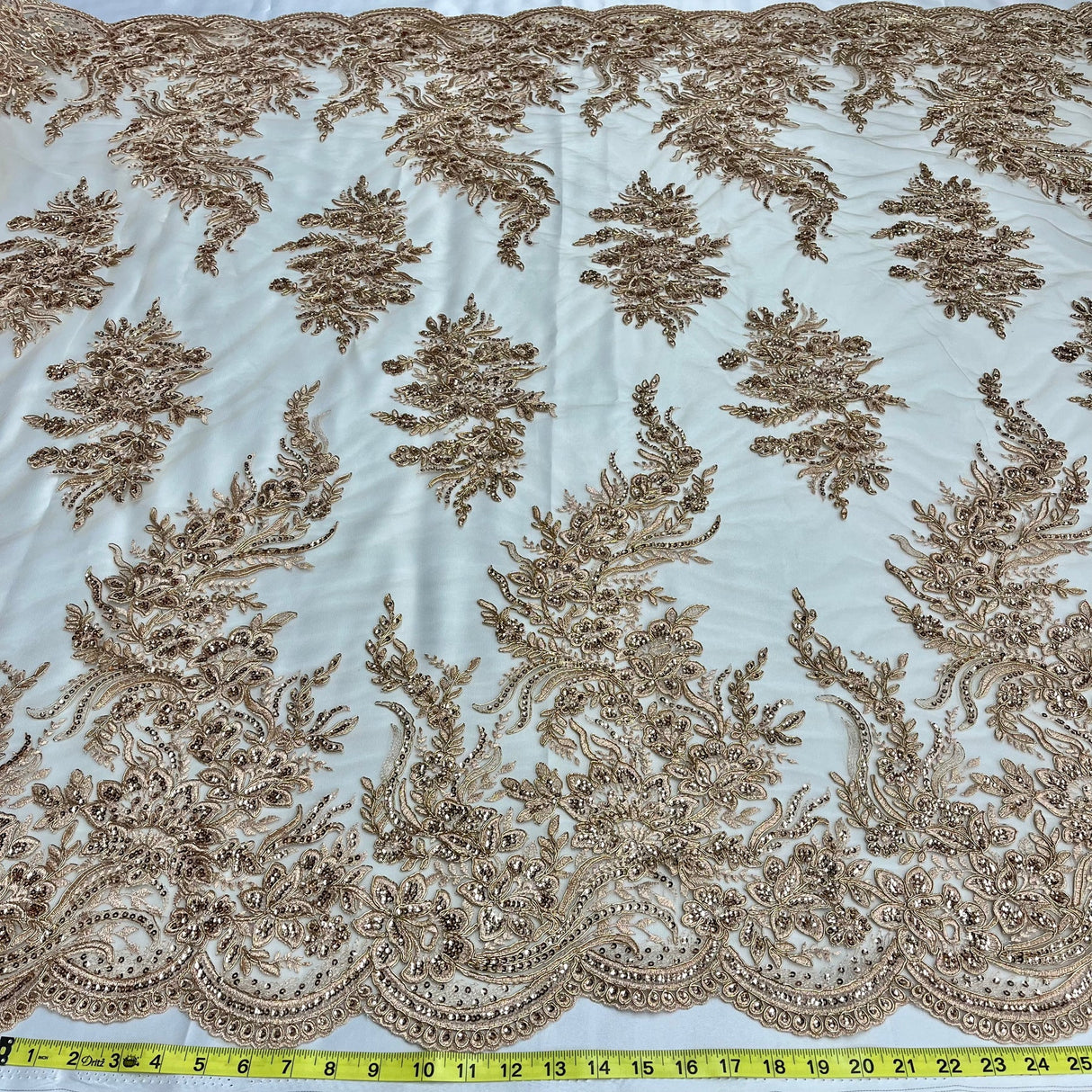 1 Yard Elegant Beaded Corded Bridal Lace Fabric Embroidered on Premium Mesh 56
